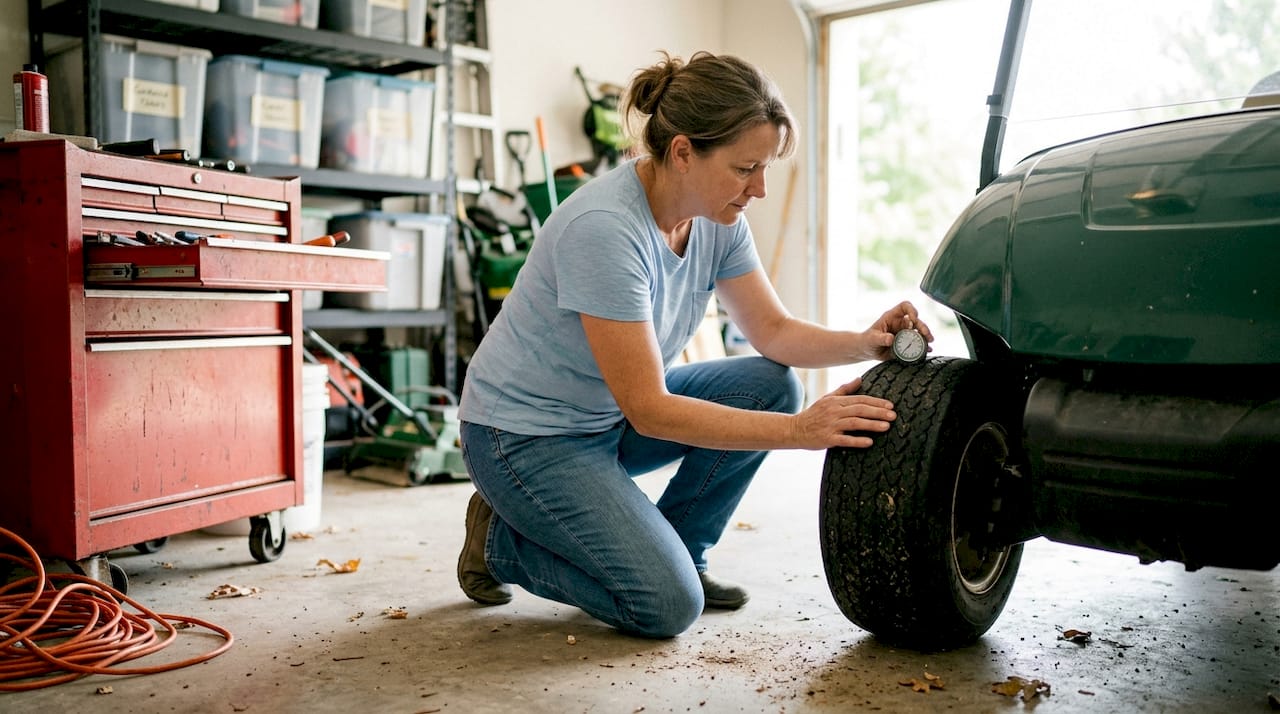 Woman checking golf cart tire tread