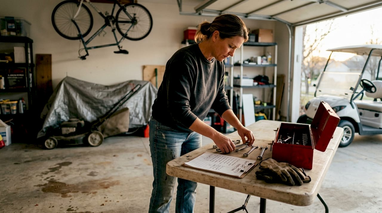 Person organizes tools for golf cart inspection