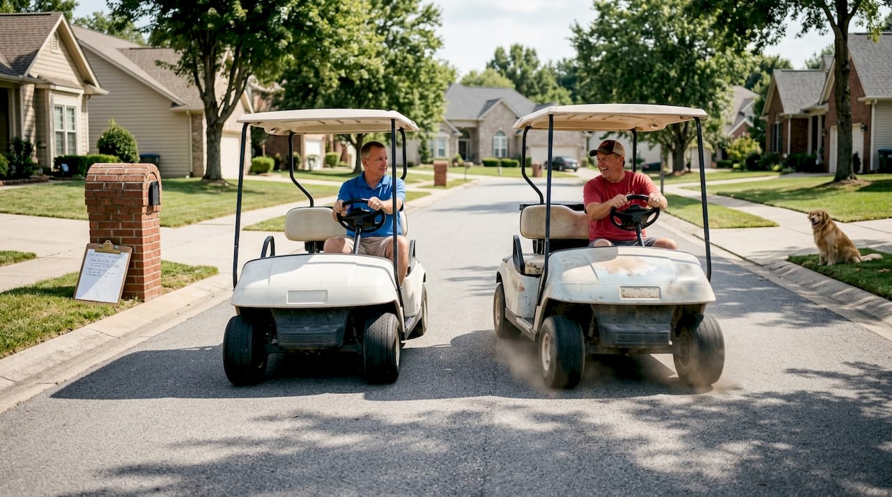Golf carts driving at different speeds side by side
