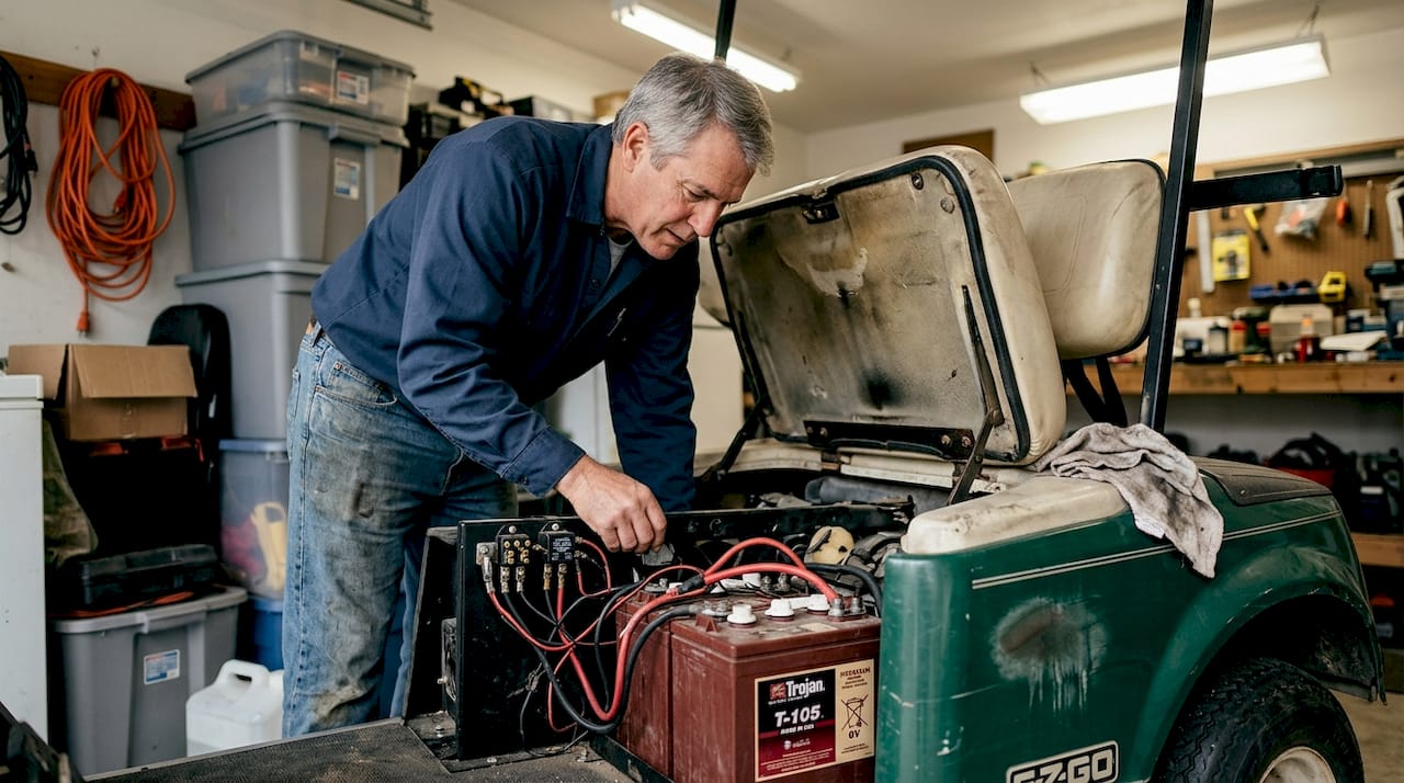 Golf cart relay mounted near battery pack