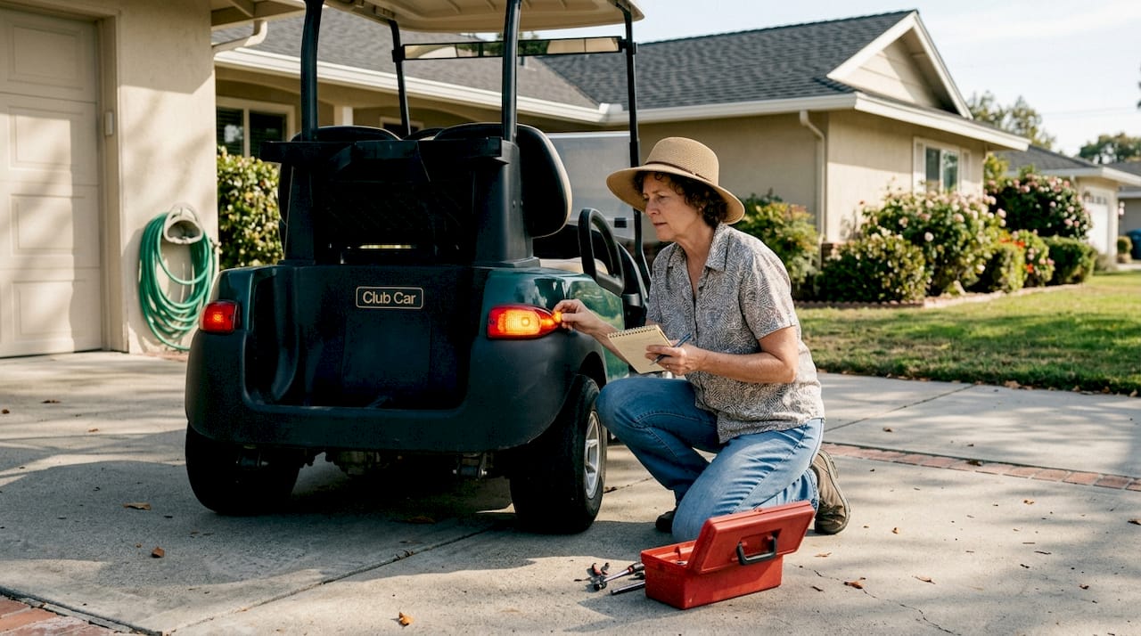 Driver checking golf cart turn signal for safety