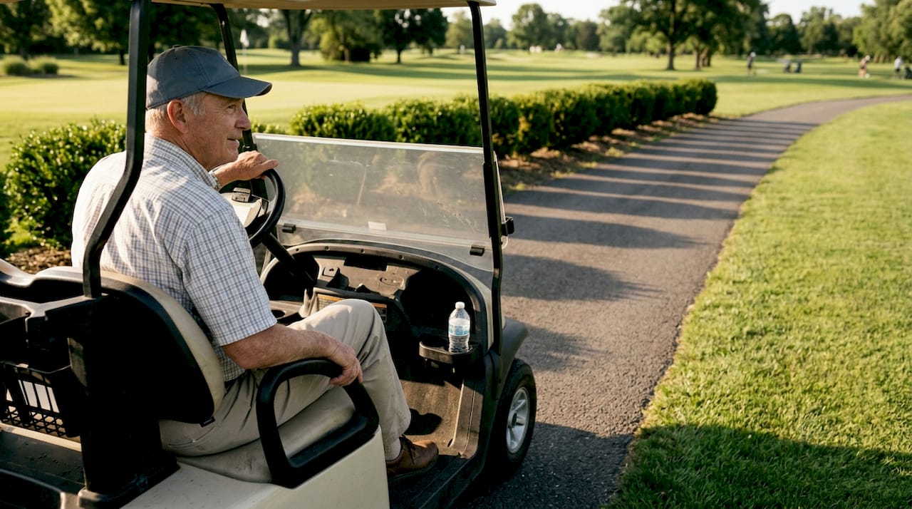 Golf cart driving safely with aligned tires