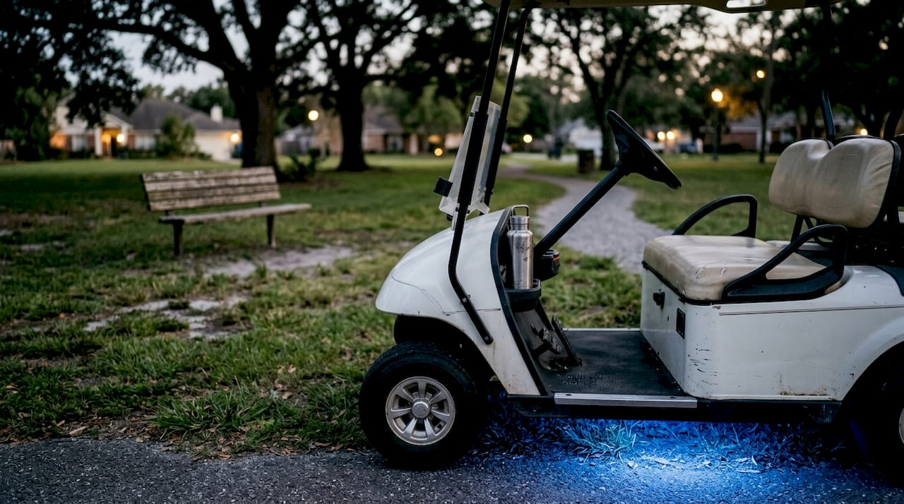 Golf cart with blue underbody accent LEDs