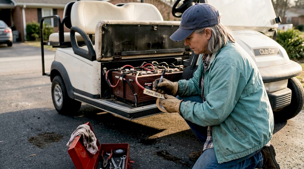Woman labels golf cart battery cables