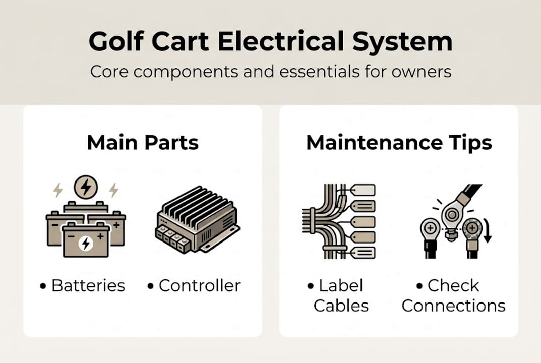 Infographic showing golf cart electrical basics