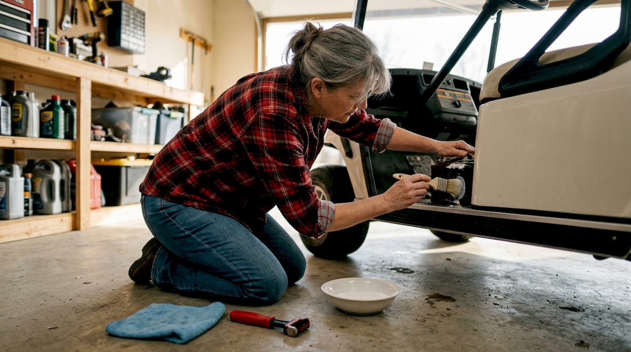 Woman cleaning golf cart charger connection