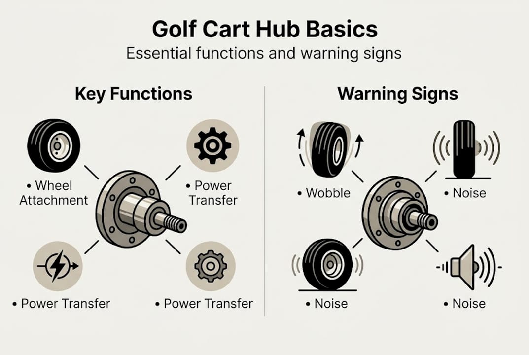 Infographic with golf cart hub functions and warning signs