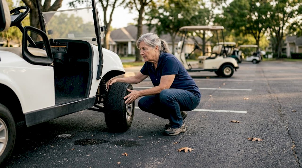Woman checking golf cart for wheel wobble