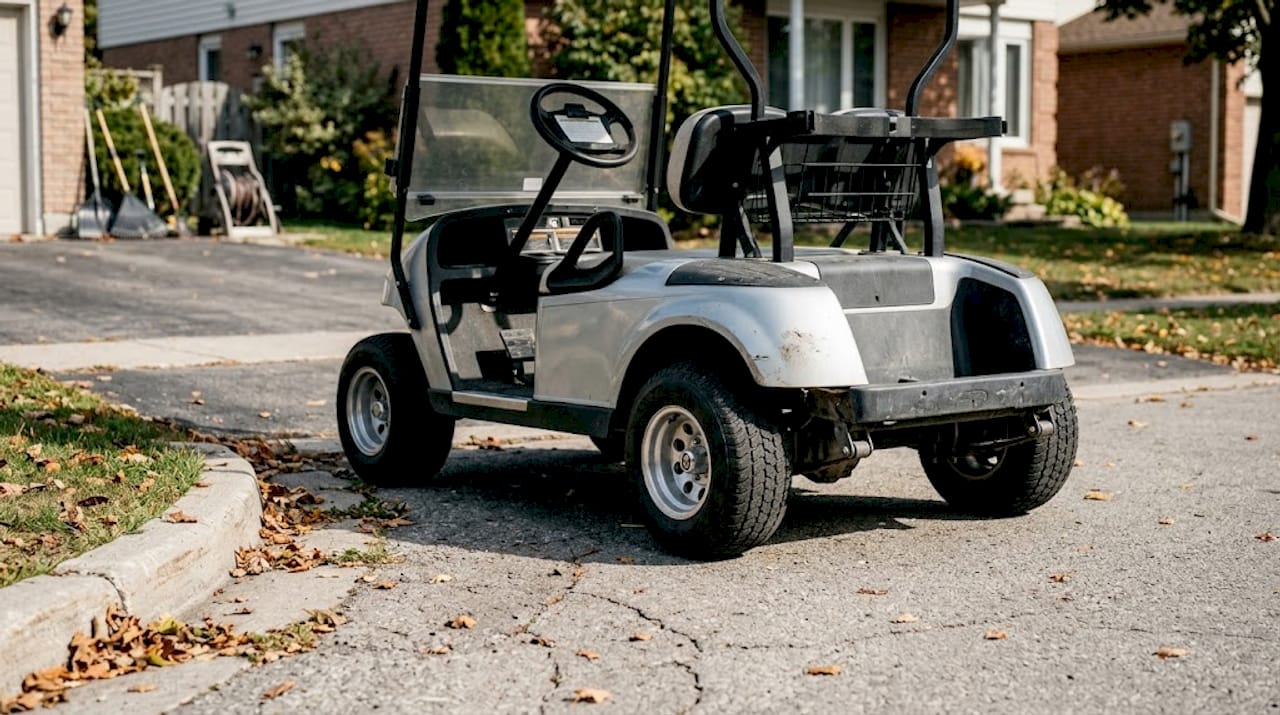 Golf cart with visible widened wheel stance