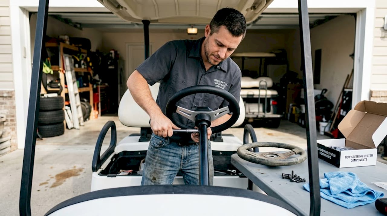 Mechanic installing upgraded golf cart steering wheel