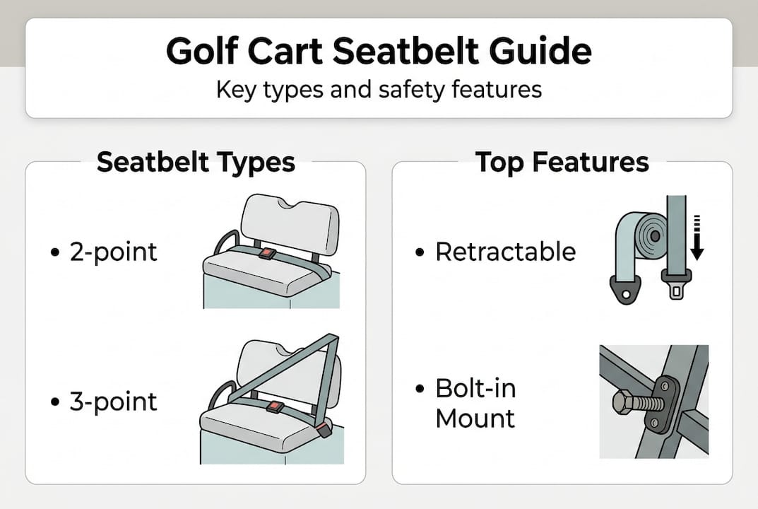 Infographic with golf cart seatbelt types and features