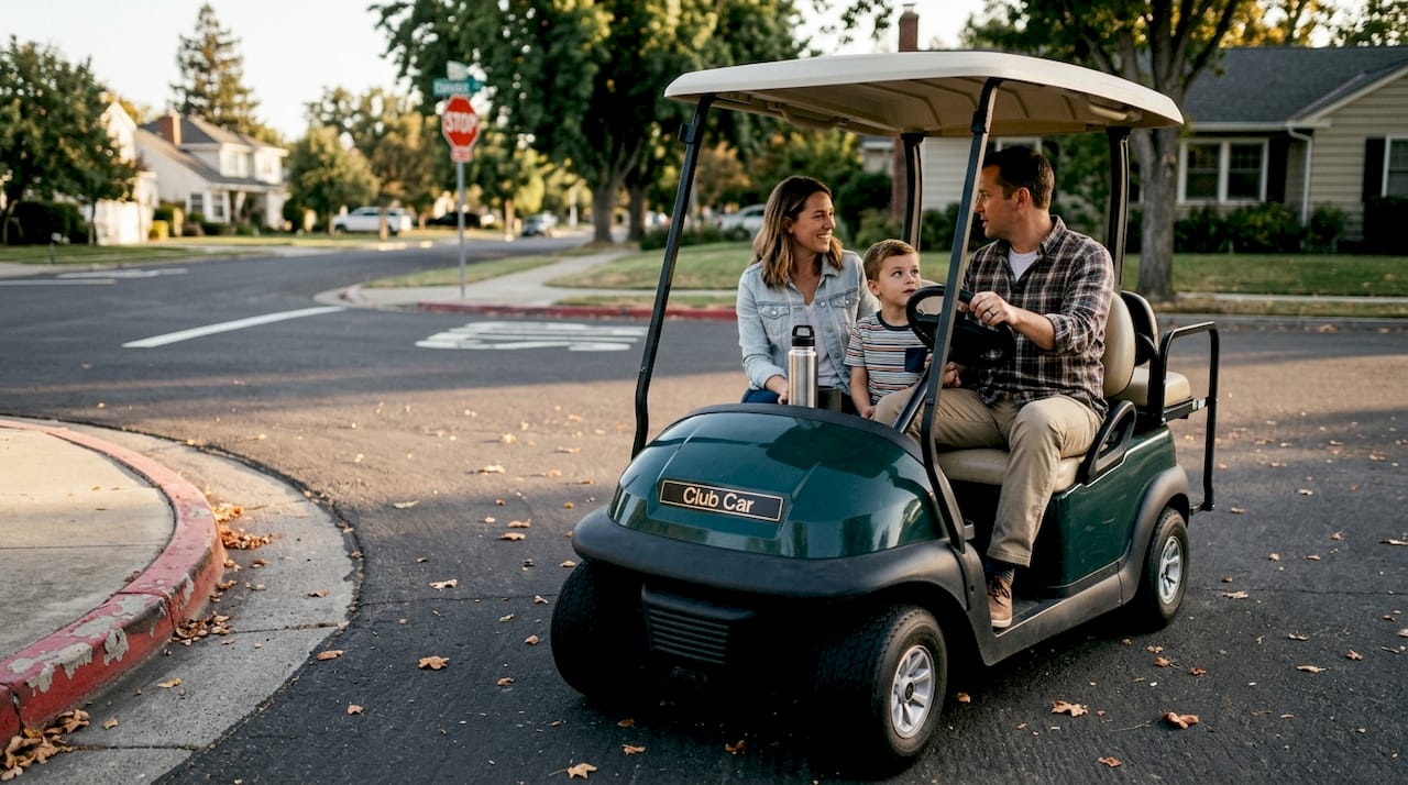 Golf cart pausing at residential crosswalk