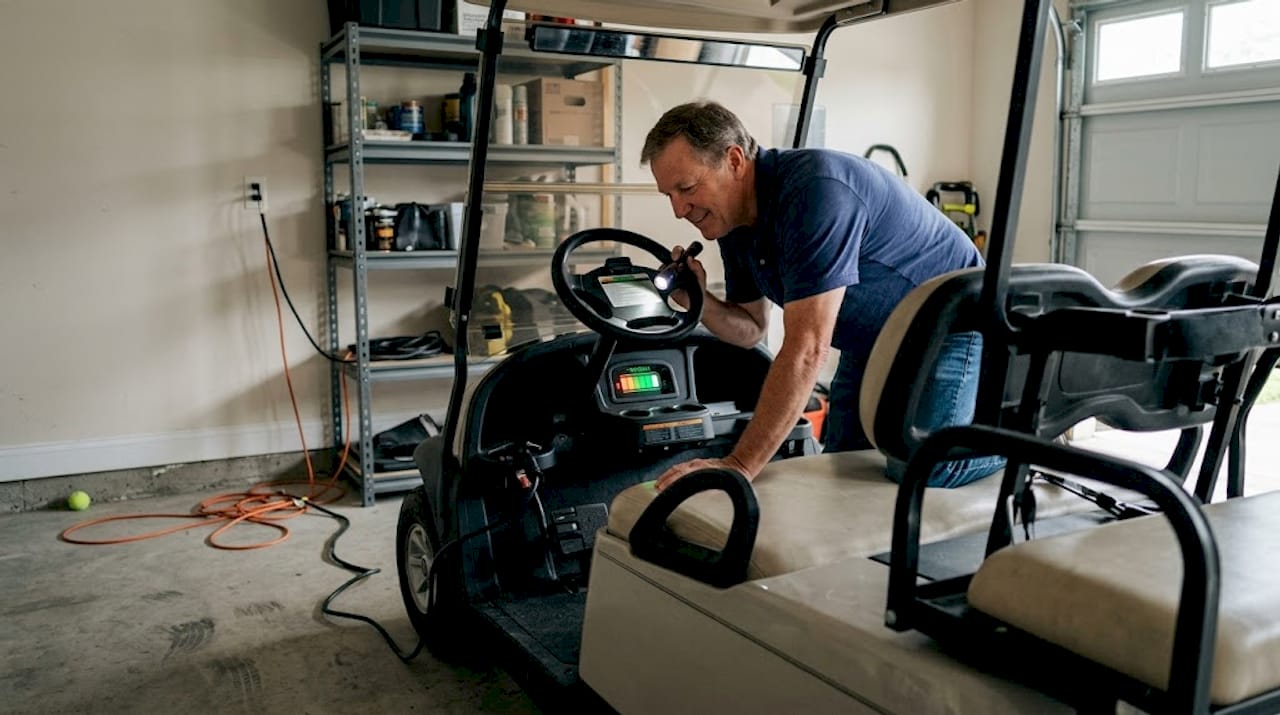 Owner checks golf cart battery charging