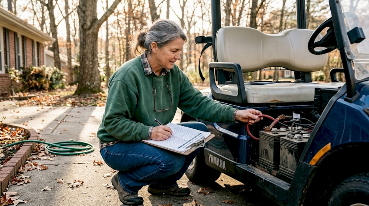 Technician checking golf cart batteries outdoors