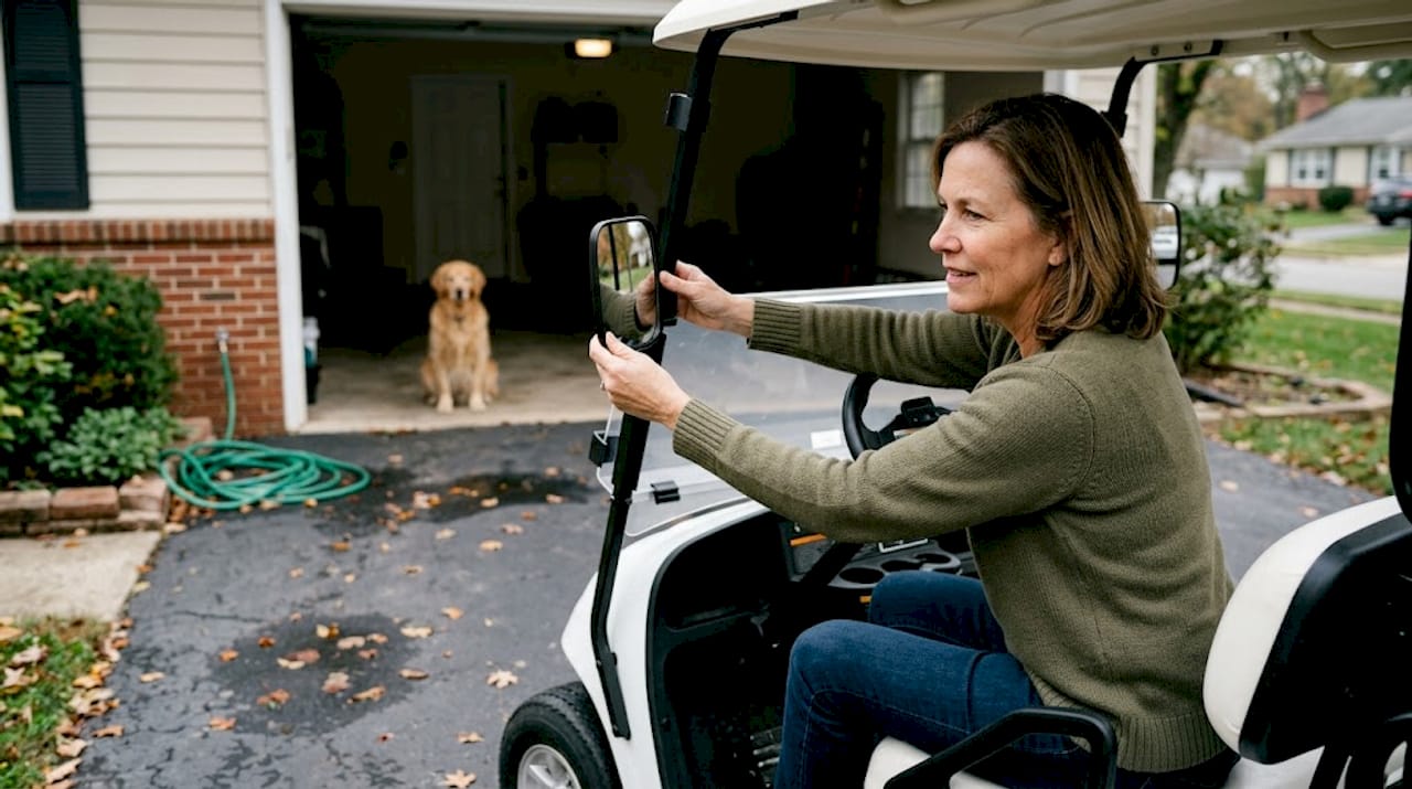 Driver adjusting golf cart side mirror for alignment