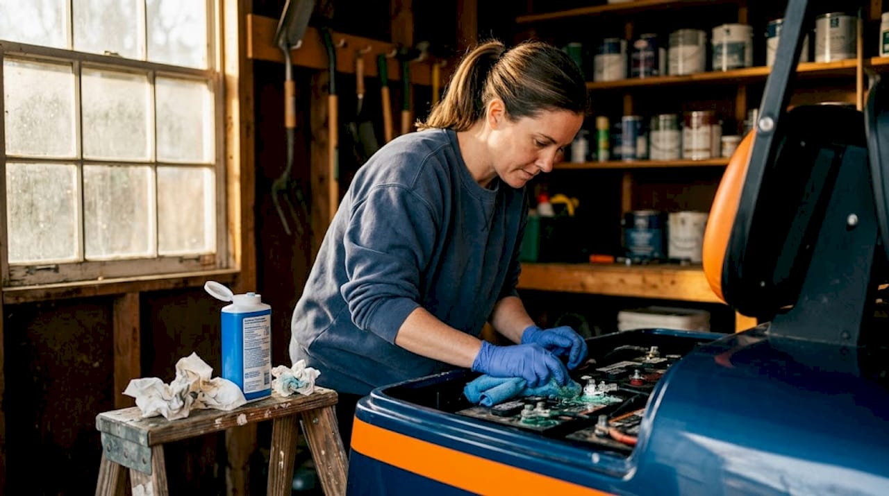 Woman cleaning golf cart battery terminals in shed