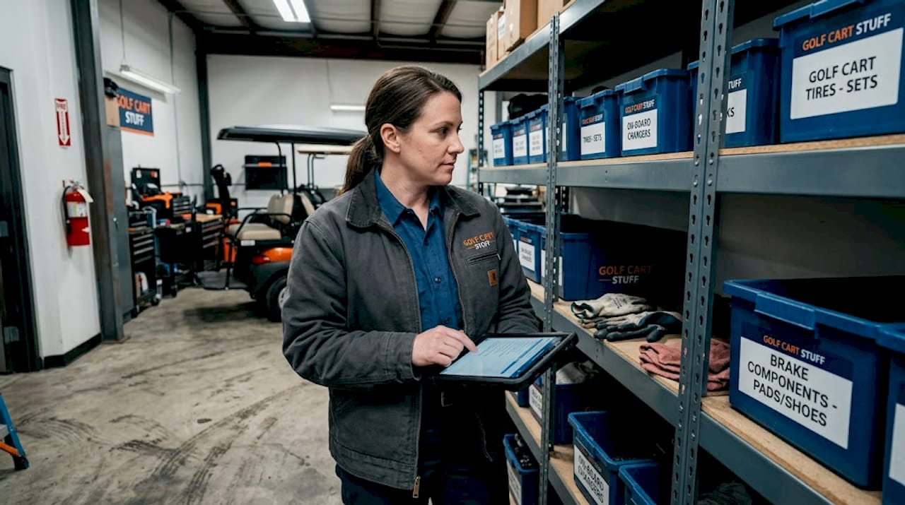 Mechanic updating golf cart parts maintenance checklist