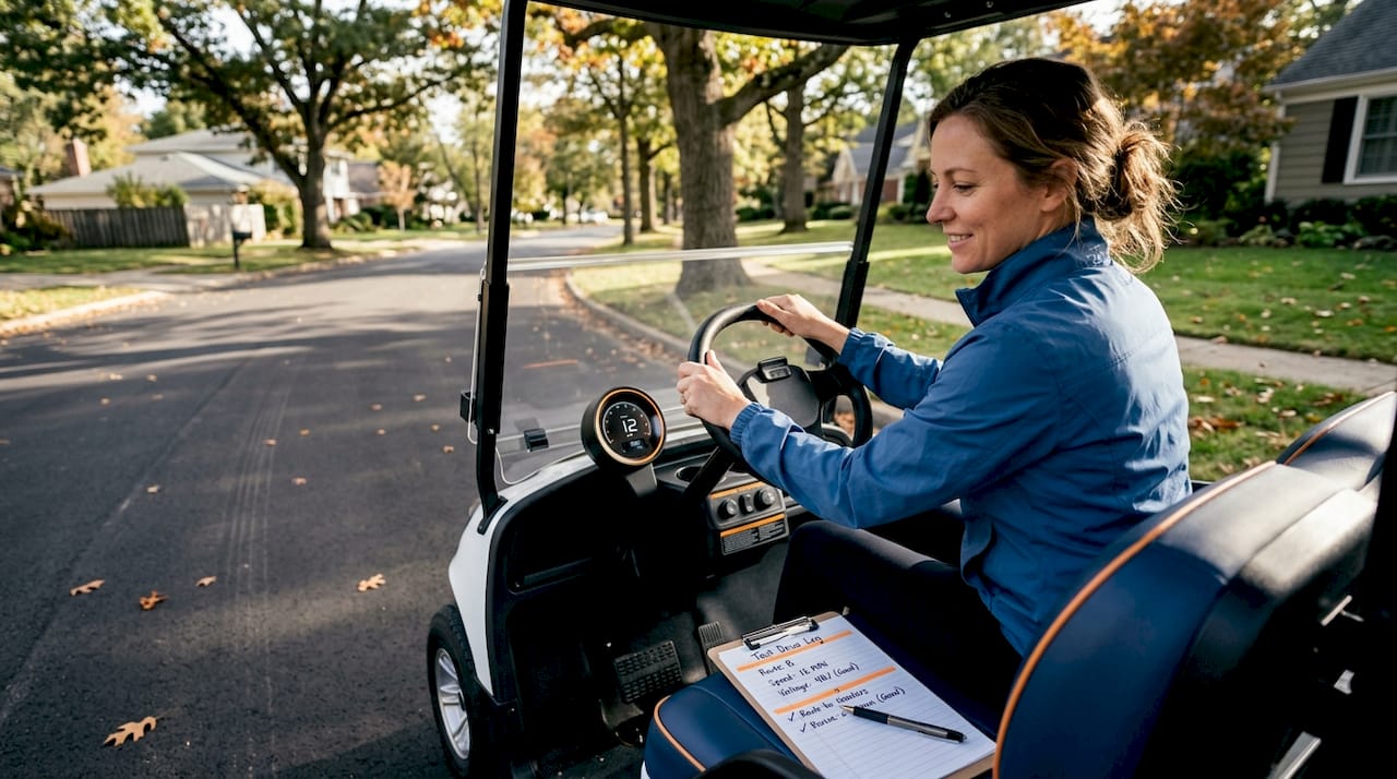Golf cart driver testing upgraded cart on street