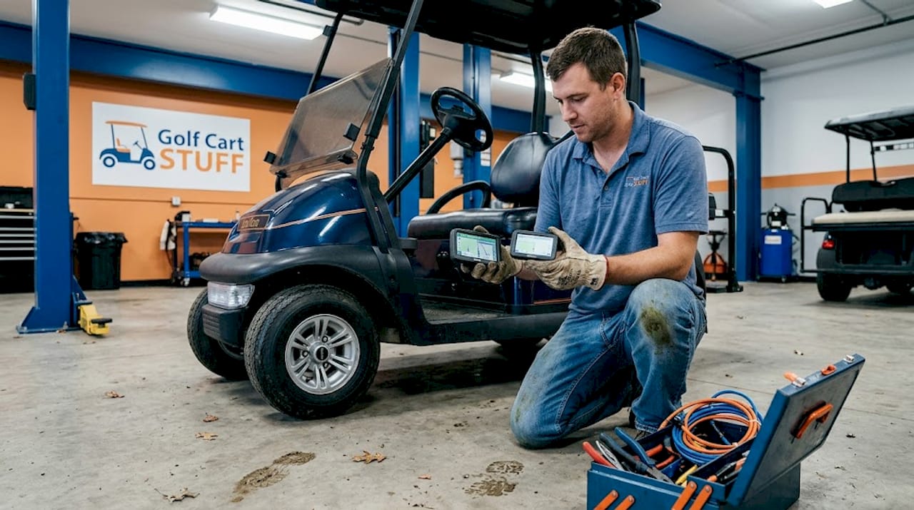 Technician comparing golf cart GPS devices