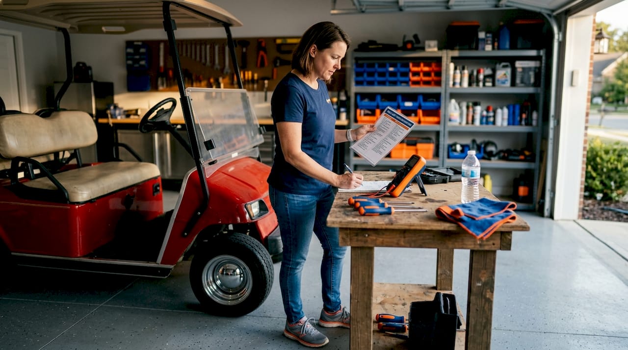 Woman using tools for golf cart troubleshooting steps