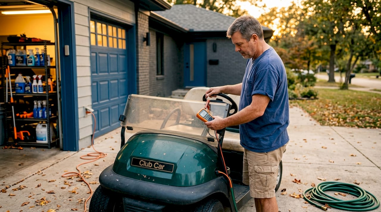Golf cart charging on driveway at sunset