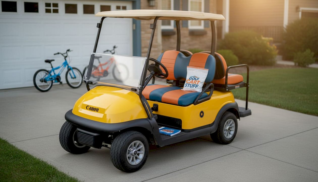 Golf cart with flip seat in driveway setting