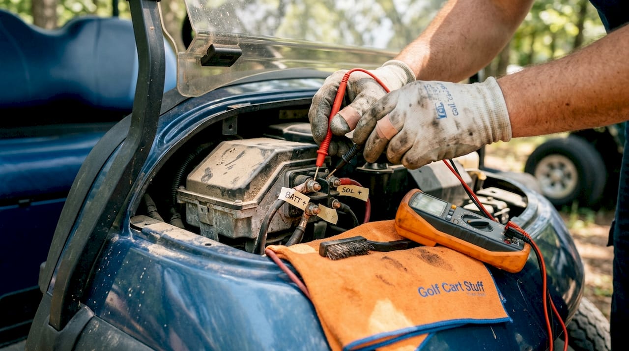 Hands testing golf cart solenoid terminals