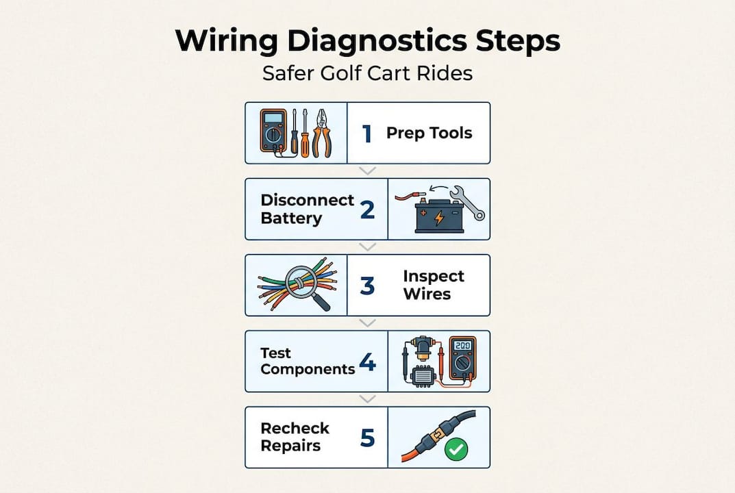 Infographic showing wiring diagnostics steps for golf cart