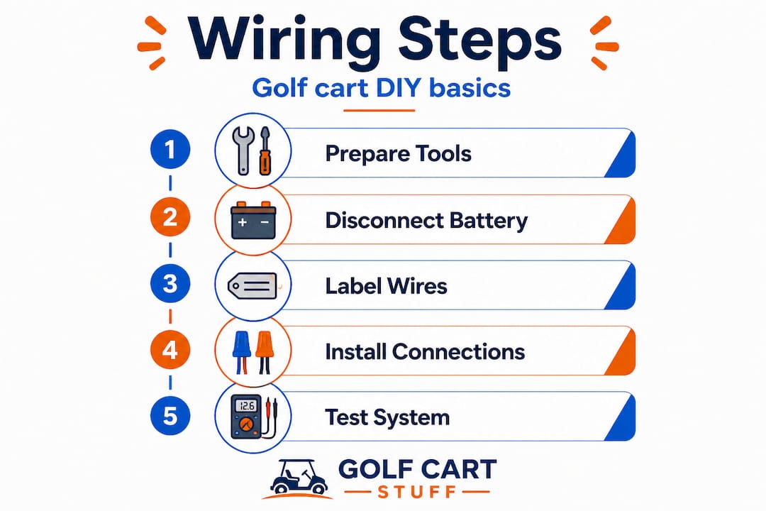 Infographic showing steps for golf cart wiring