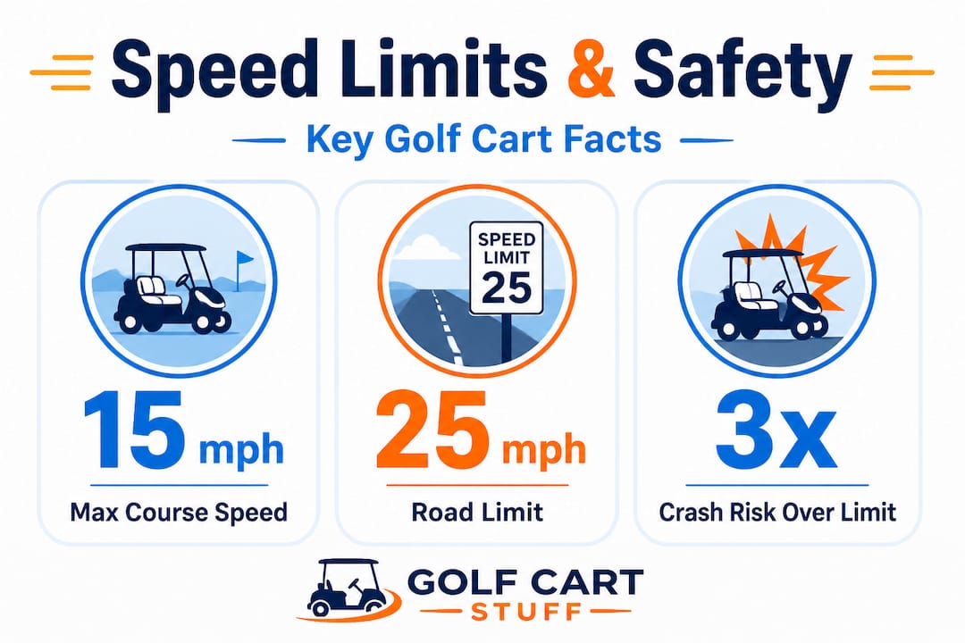 Golf cart speed limits and safety statistics infographic