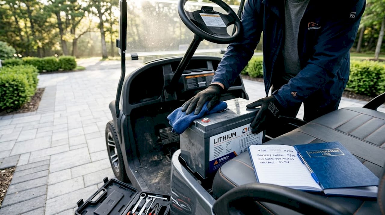 Hands cleaning lithium golf cart battery