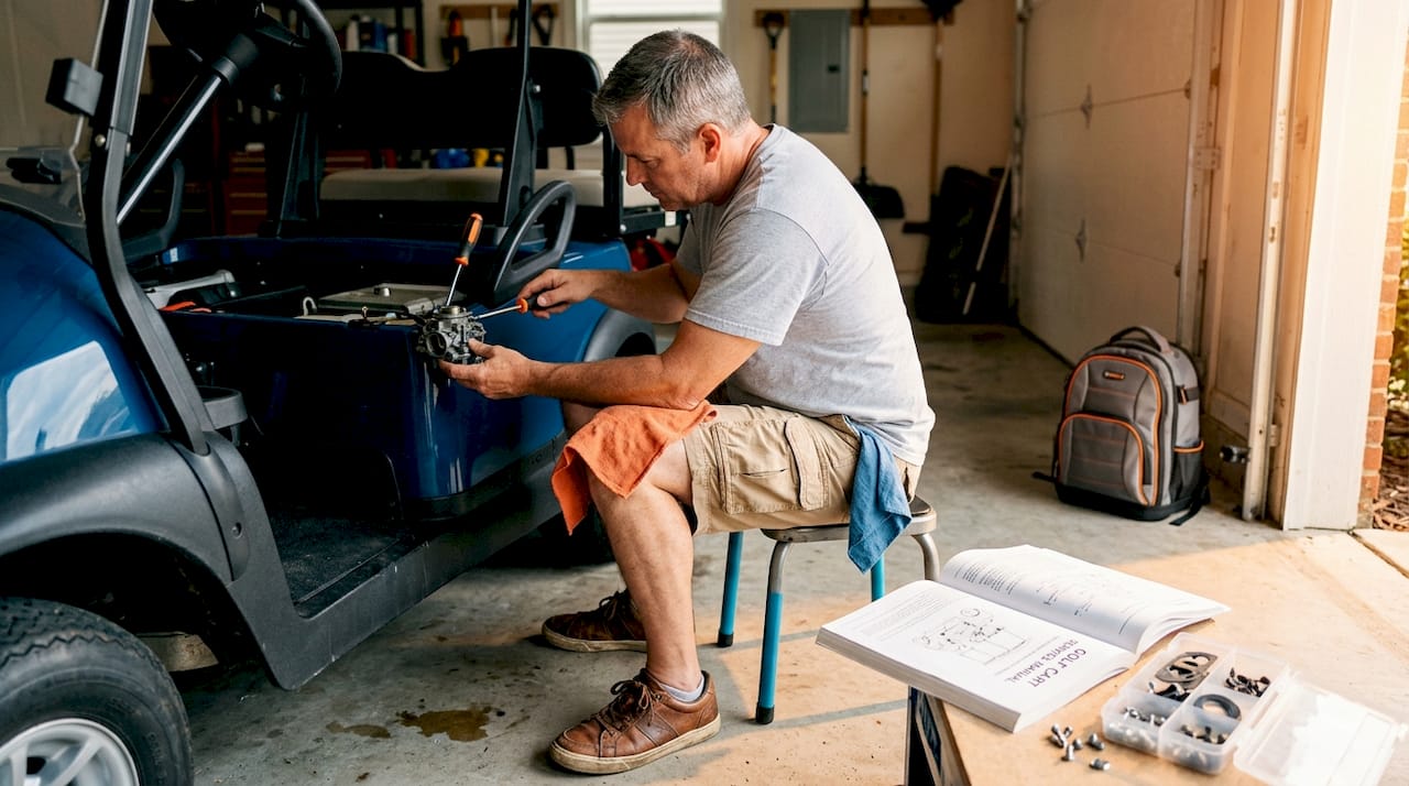Owner adjusting golf cart carburetor in garage