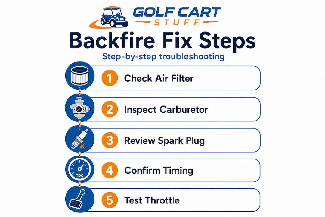 Infographic showing golf cart backfire troubleshooting steps
