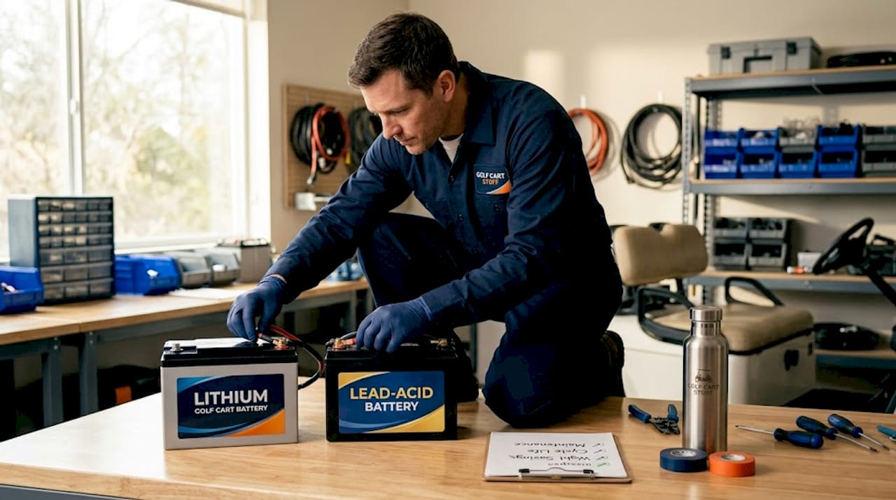 Technician comparing lithium and lead-acid batteries