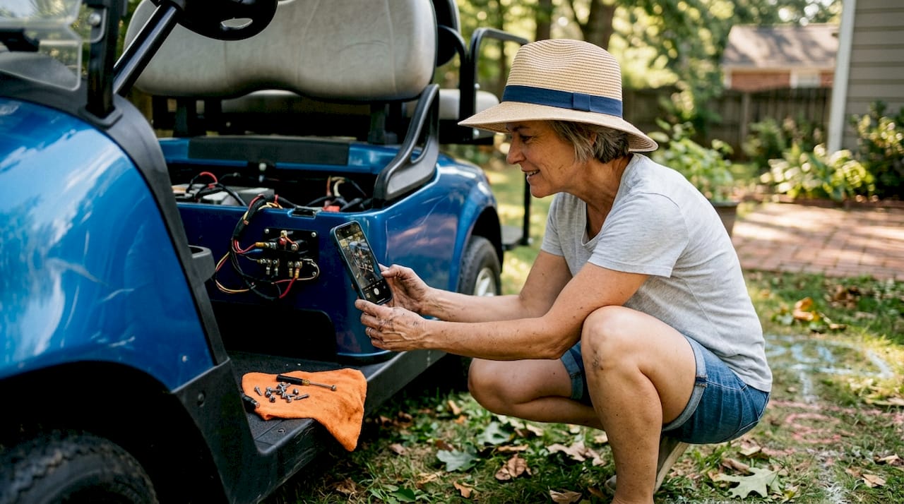 Person photographing golf cart solenoid wiring