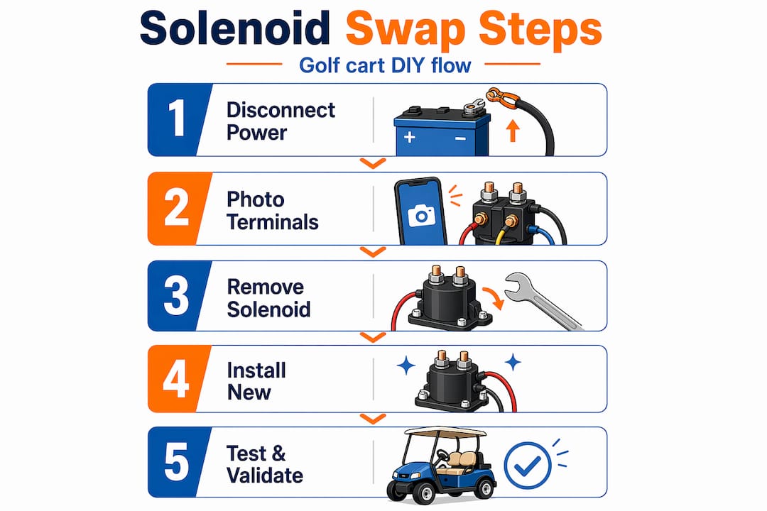 Step-by-step golf cart solenoid replacement infographic
