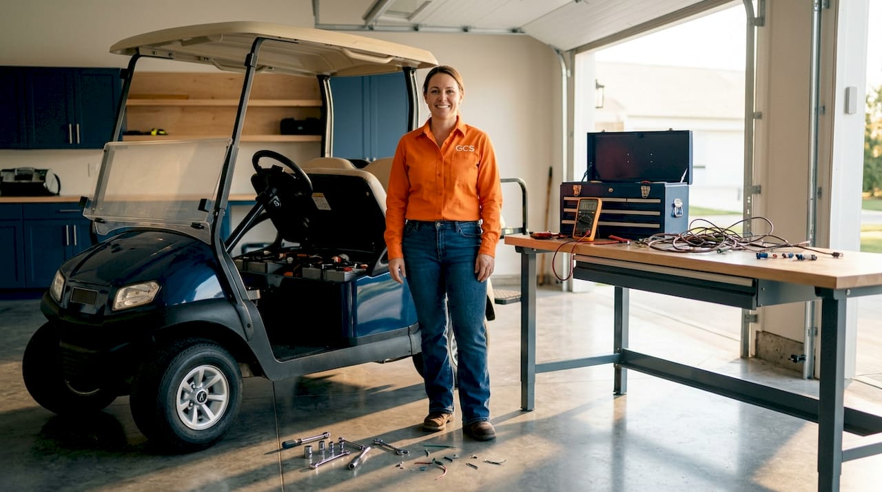 Woman in garage after golf cart cable upgrade