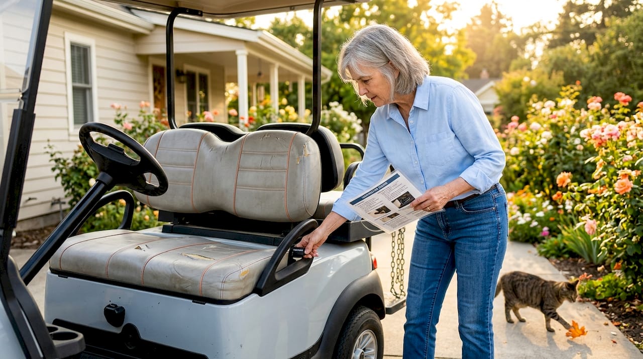 Woman setting golf cart Tow/Run switch for towing
