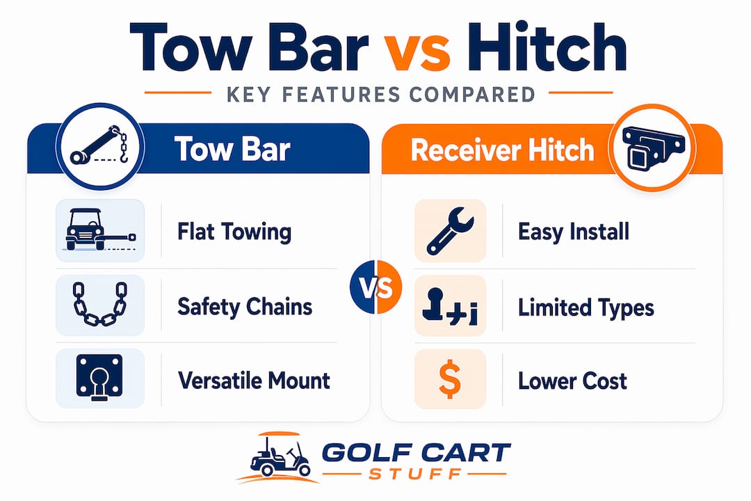Comparison infographic for golf cart tow bar versus hitch