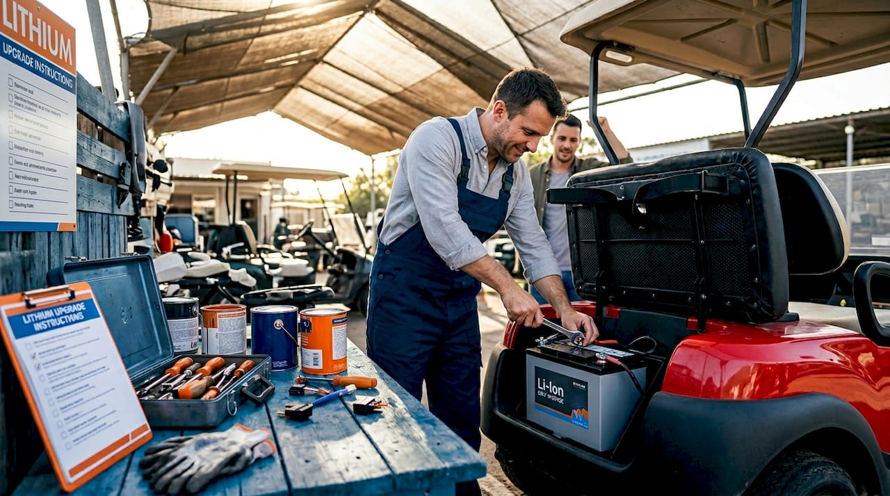 Technician upgrading golf cart powertrain battery
