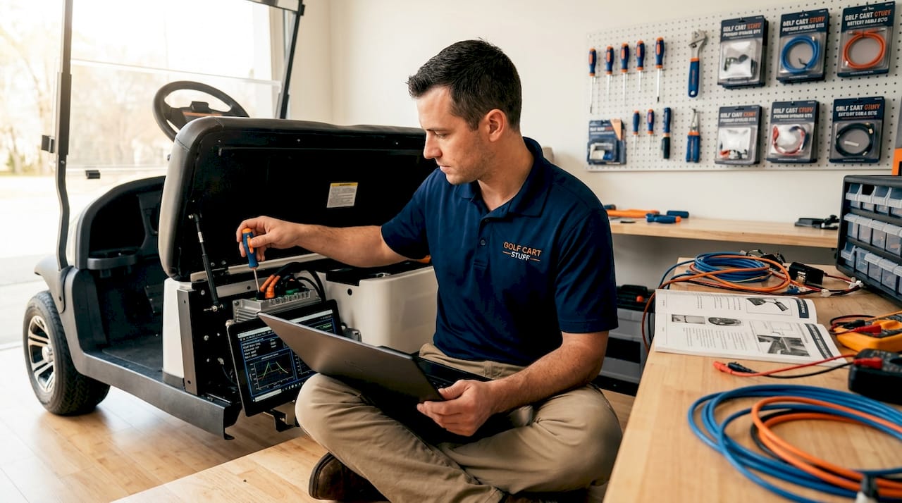 Technician adjusting golf cart speed controller