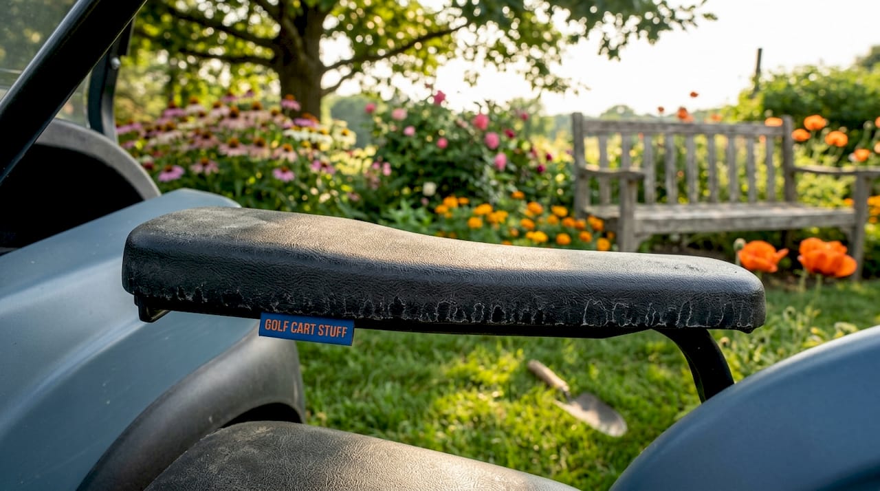 Weathered golf cart armrest close-up