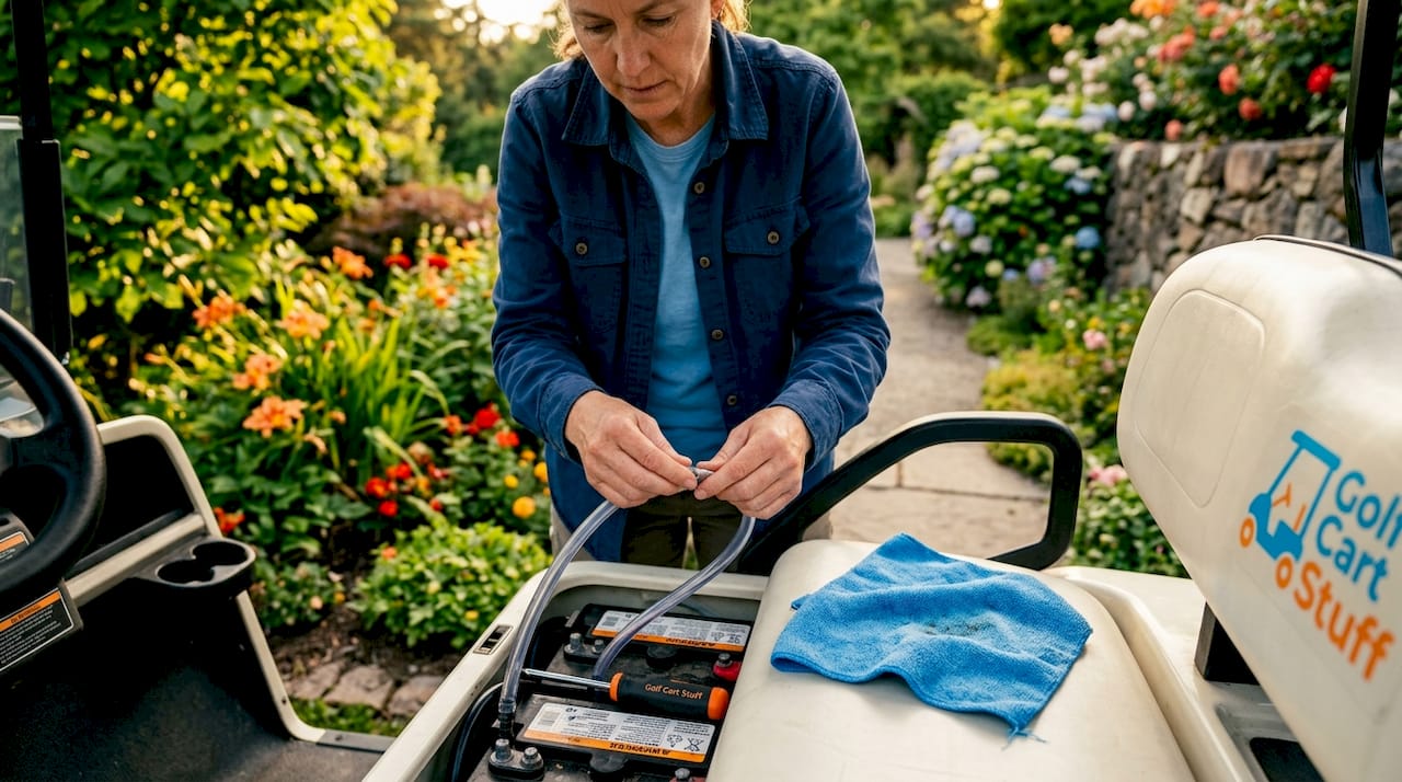 Inspecting Hydrolink tubing on golf cart battery