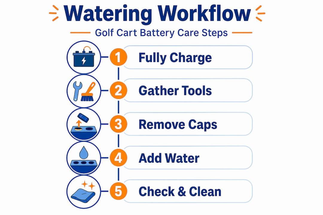 Infographic showing golf cart battery watering steps
