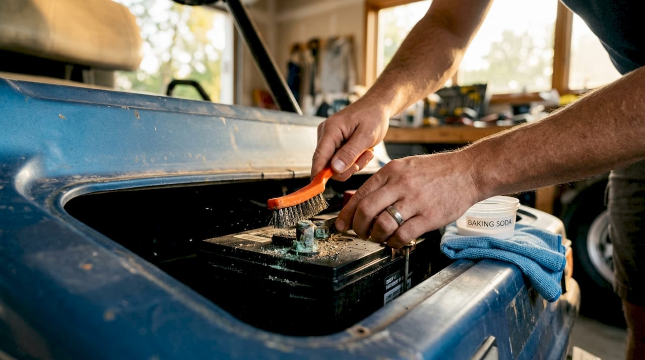 Hands cleaning golf cart battery terminals