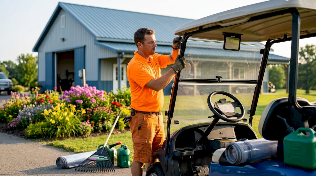 Worker installs track-style golf cart enclosure