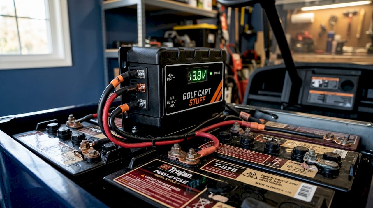 Close-up of golf cart voltage converter on battery