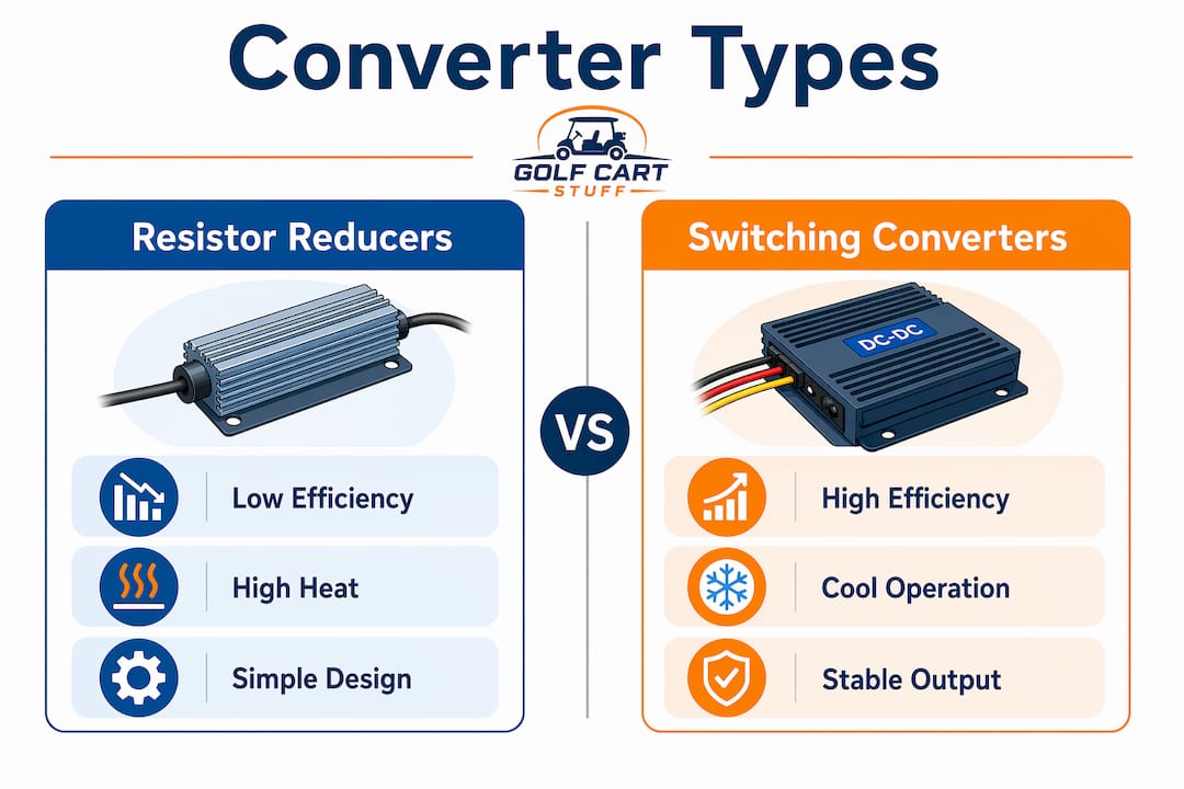 Infographic comparing golf cart voltage converter types