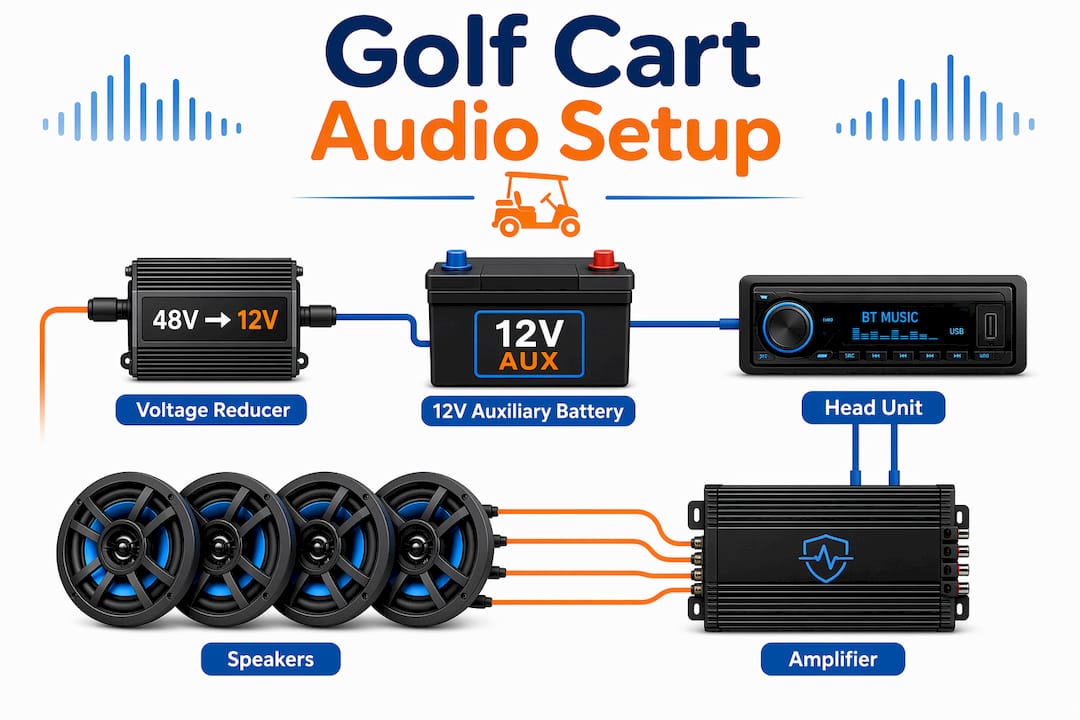 Infographic showing golf cart audio system components and power setup