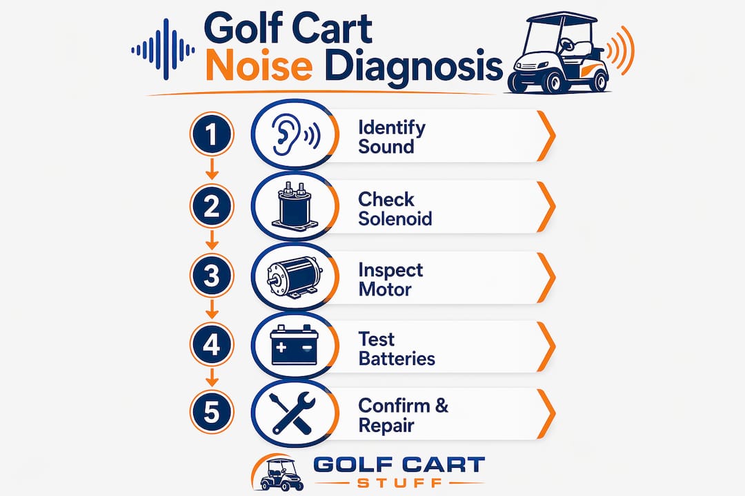 Infographic outlining steps to diagnose golf cart noises